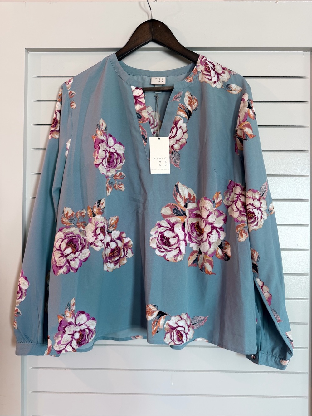 a new day Slate Blue Floral Split-Neck Long Sleeve Blouse